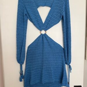 Beginning Boutique Blue Crochet Ring-Front Long Sleeve Dress